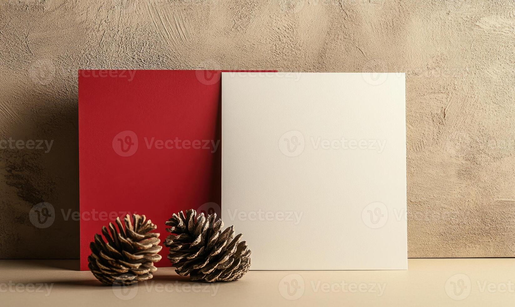 A white and red card with a pine cone on top of it photo