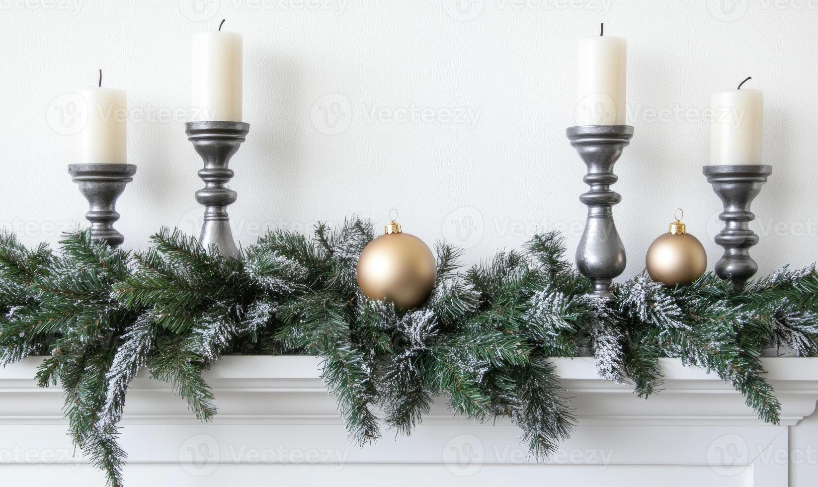 A mantle with a white mantle and a Christmas tree with a gold ball photo
