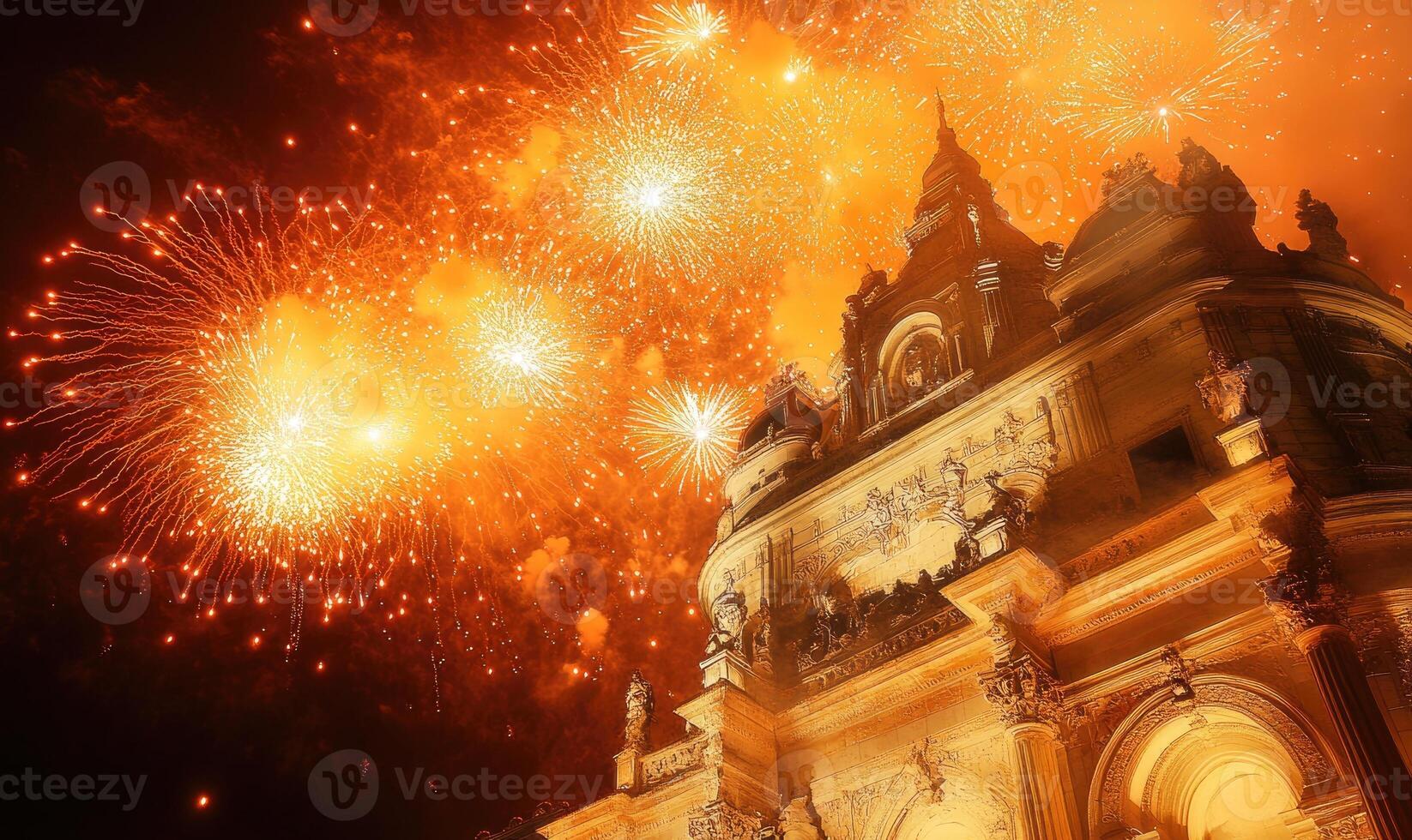 A large building with a lot of fireworks going off in the background photo
