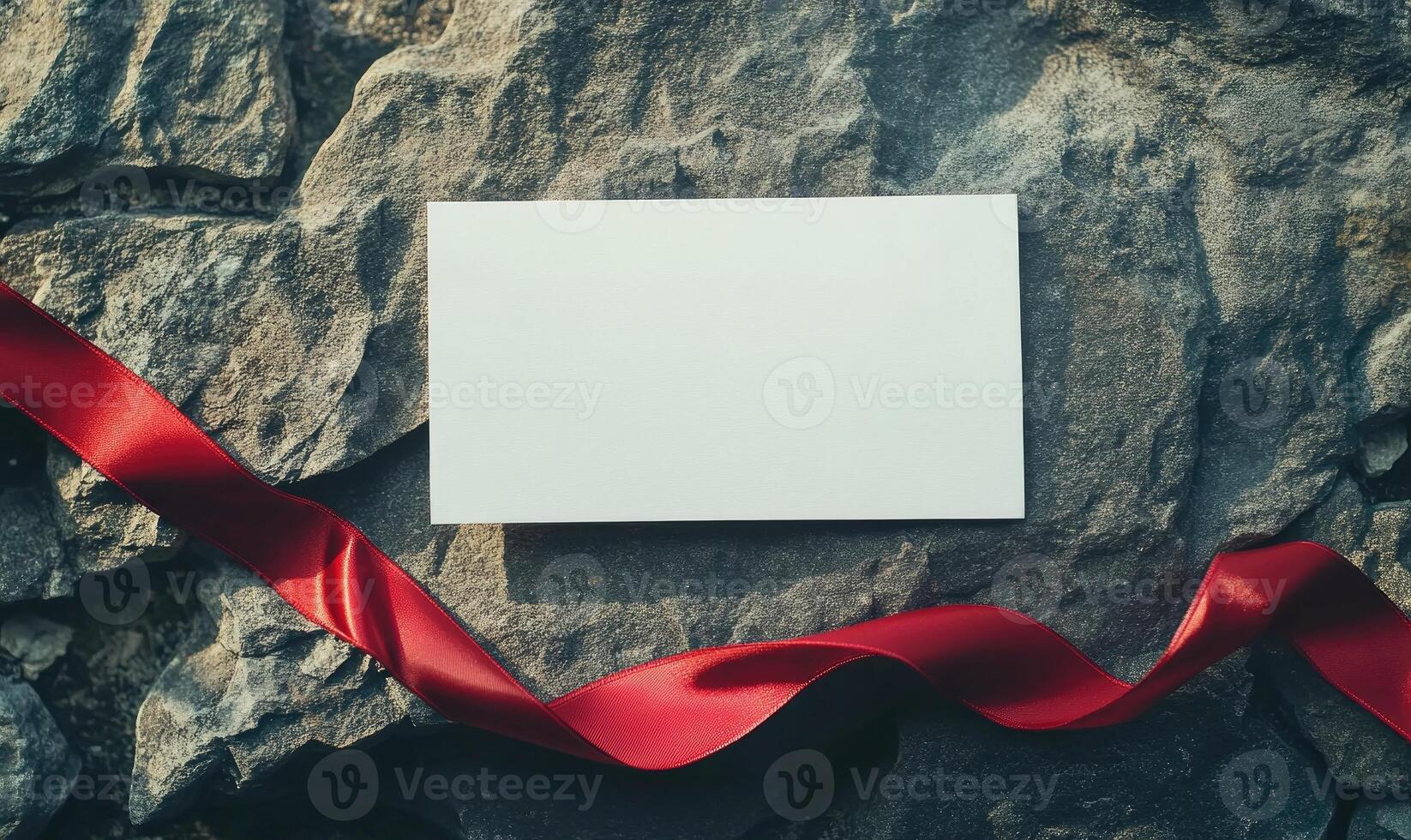 A white card with a red ribbon is on a rock photo