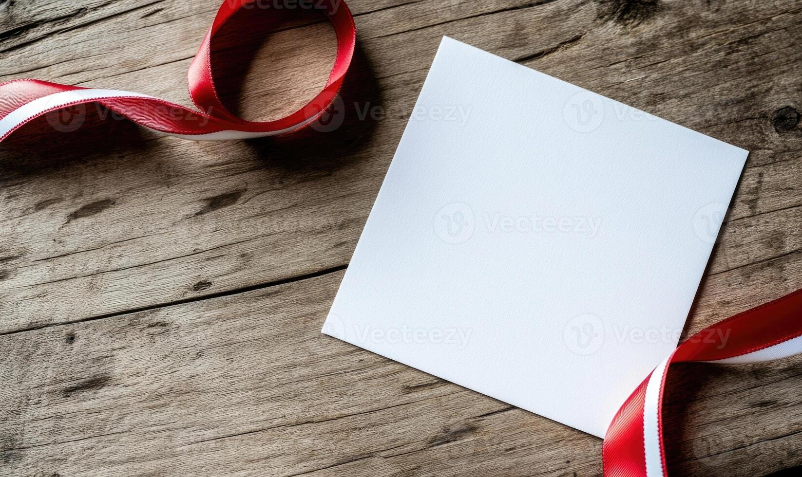 A white card with a red ribbon on top of it photo