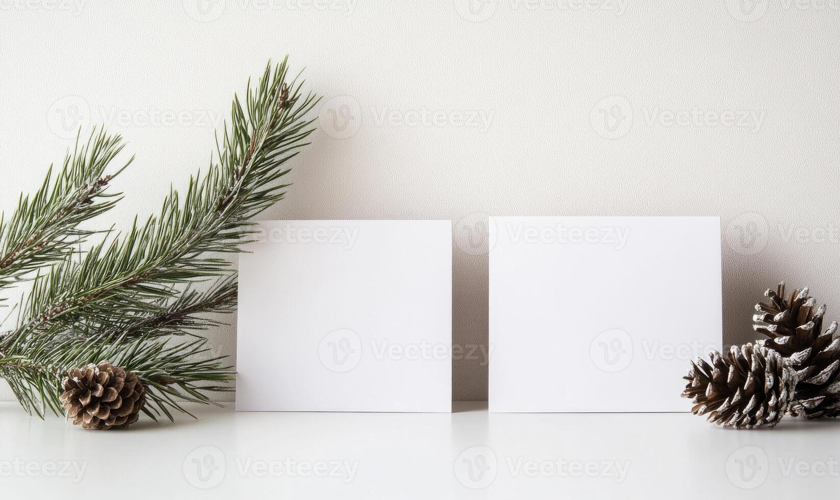 Two white cards are on a table next to a pine tree photo
