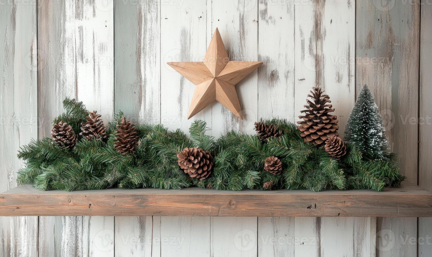 A wooden shelf with a star and pine cones on it photo