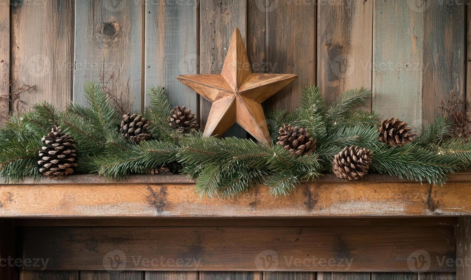 A star is on a mantle with pine cones photo