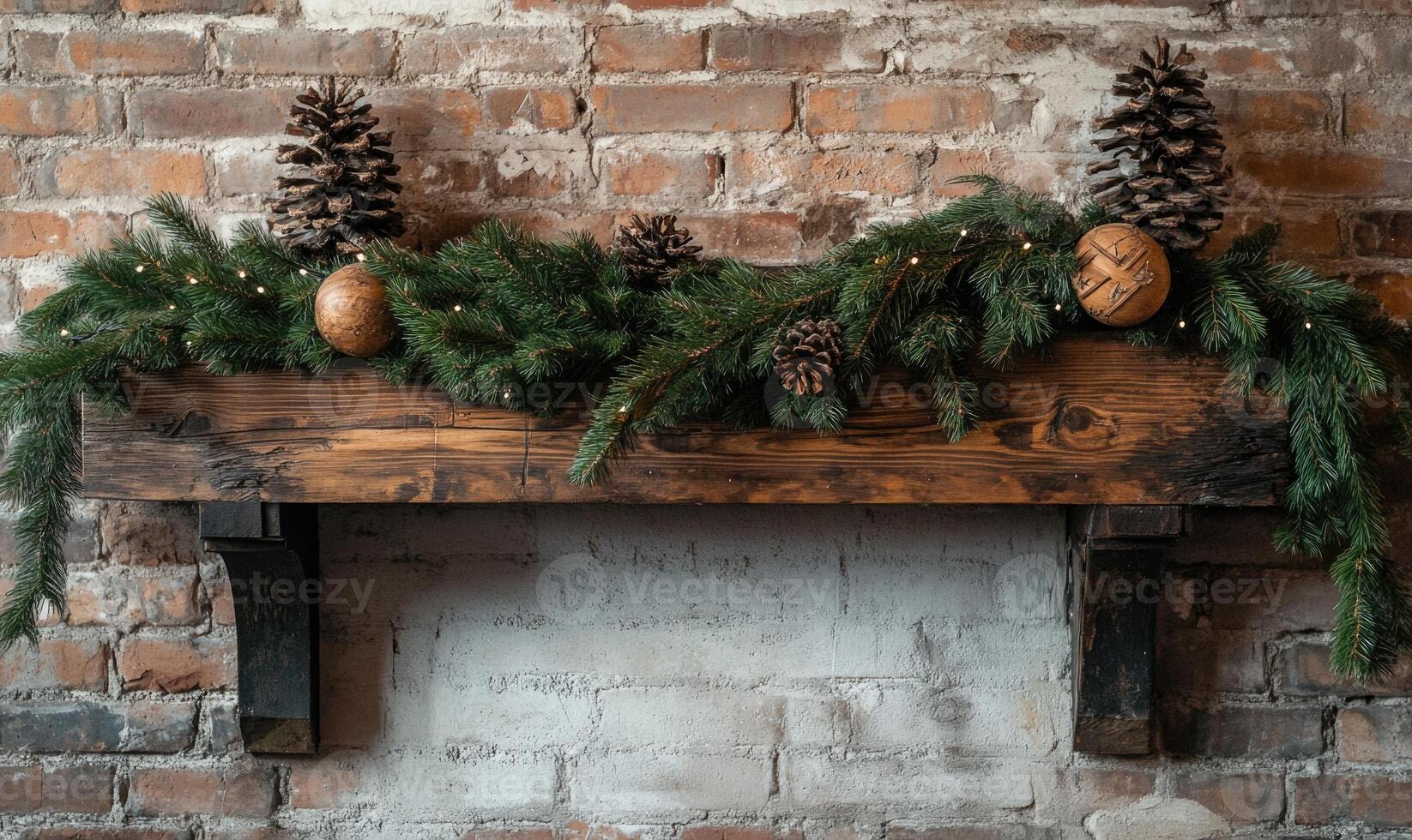 A fireplace mantle with pine cones and a pine tree photo