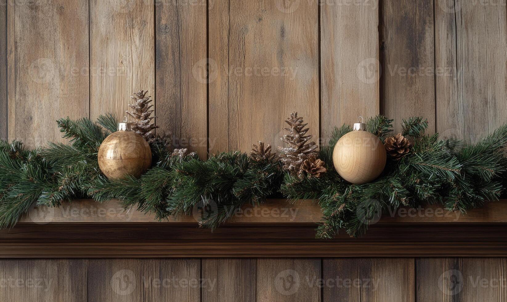 A wooden shelf with two gold ornaments and pine cones on it photo