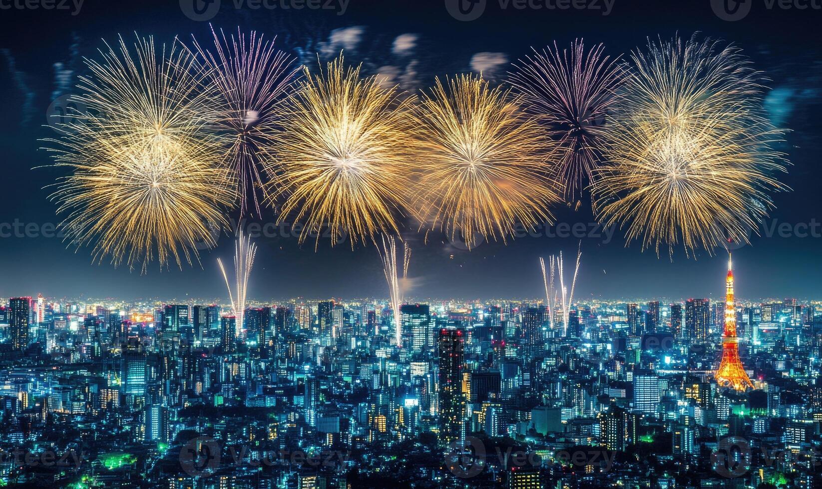 A city skyline is lit up with fireworks, creating a festive photo