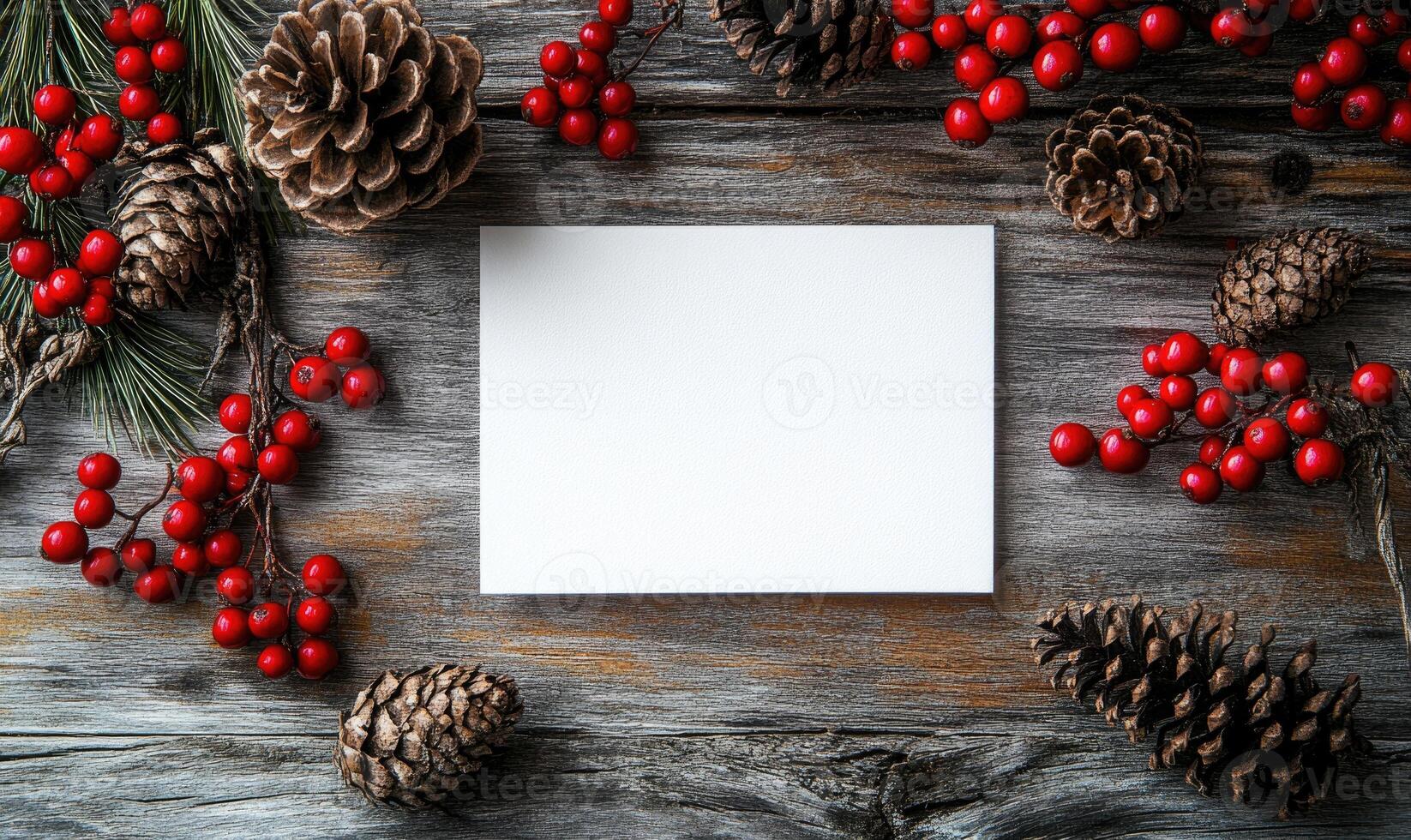 A white card with a red border sits on a wooden table with red berries photo