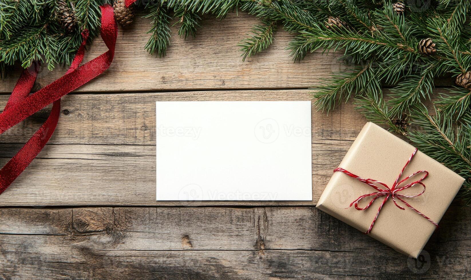 A white card sits on a wooden table next to a gift box photo