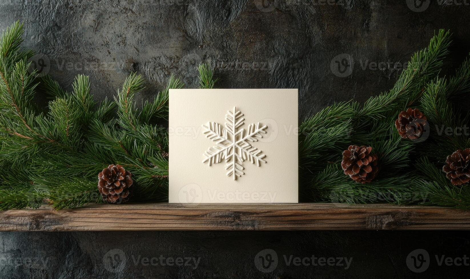 A white card with a snowflake on it sits on a shelf next to pine cones photo