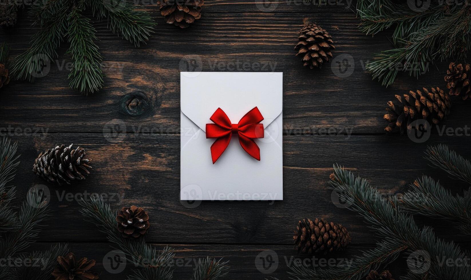 A white card with a red bow on it is sitting on a wooden table photo
