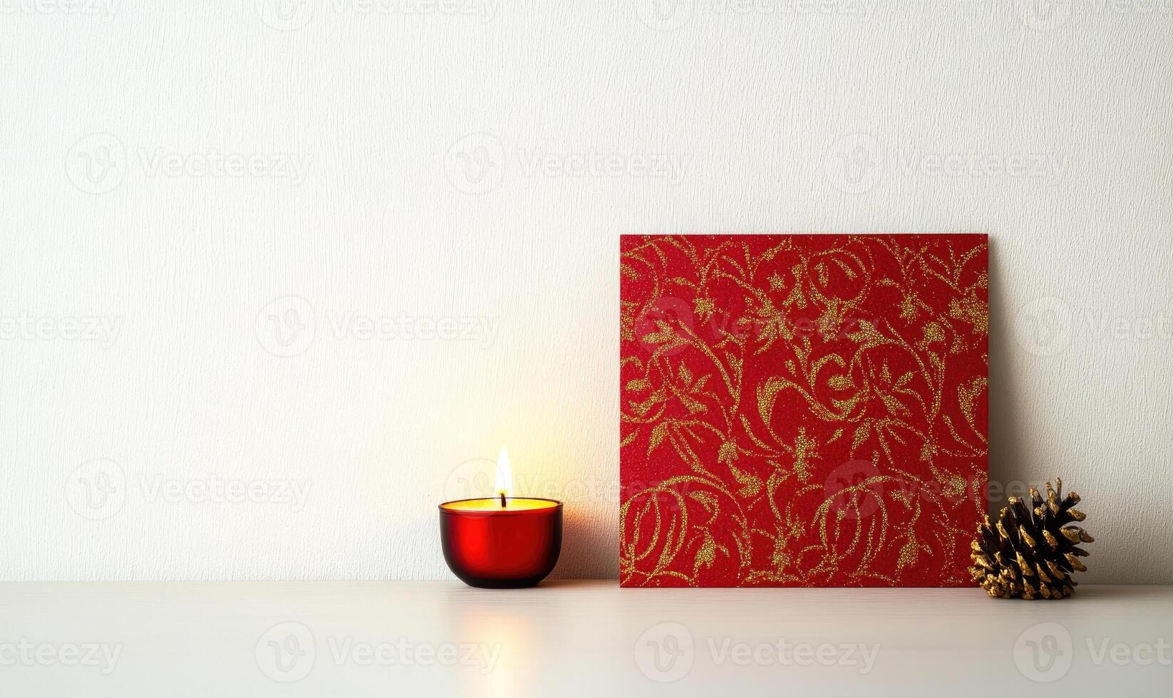 A red and gold framed picture sits on a white table next to a candle photo