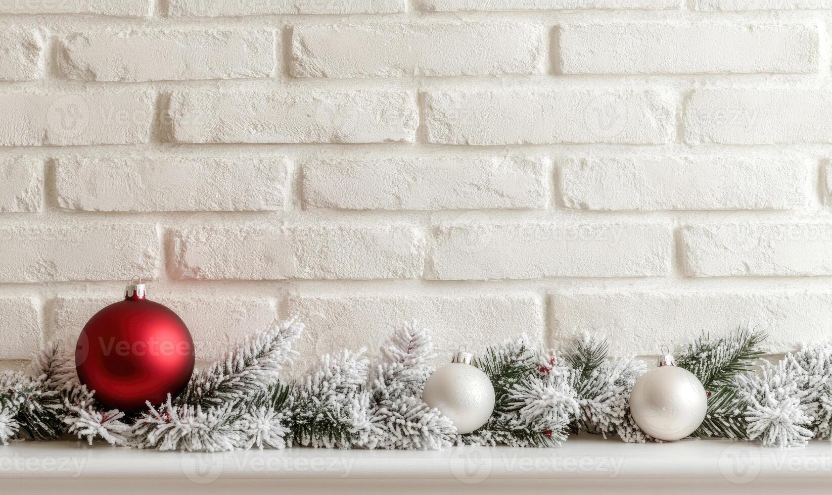 A red and white christmas ornament sits on a white brick wall photo