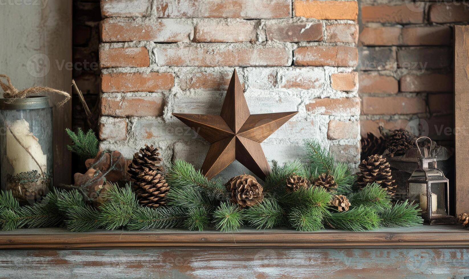 A star is on a mantle with pine cones and a lantern photo