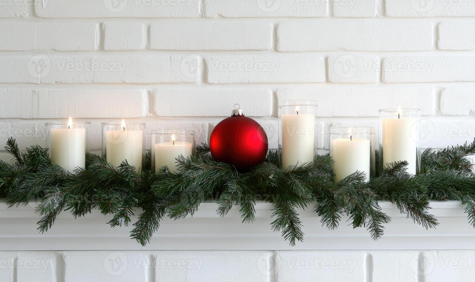 A mantle with a red ball and candles on it photo