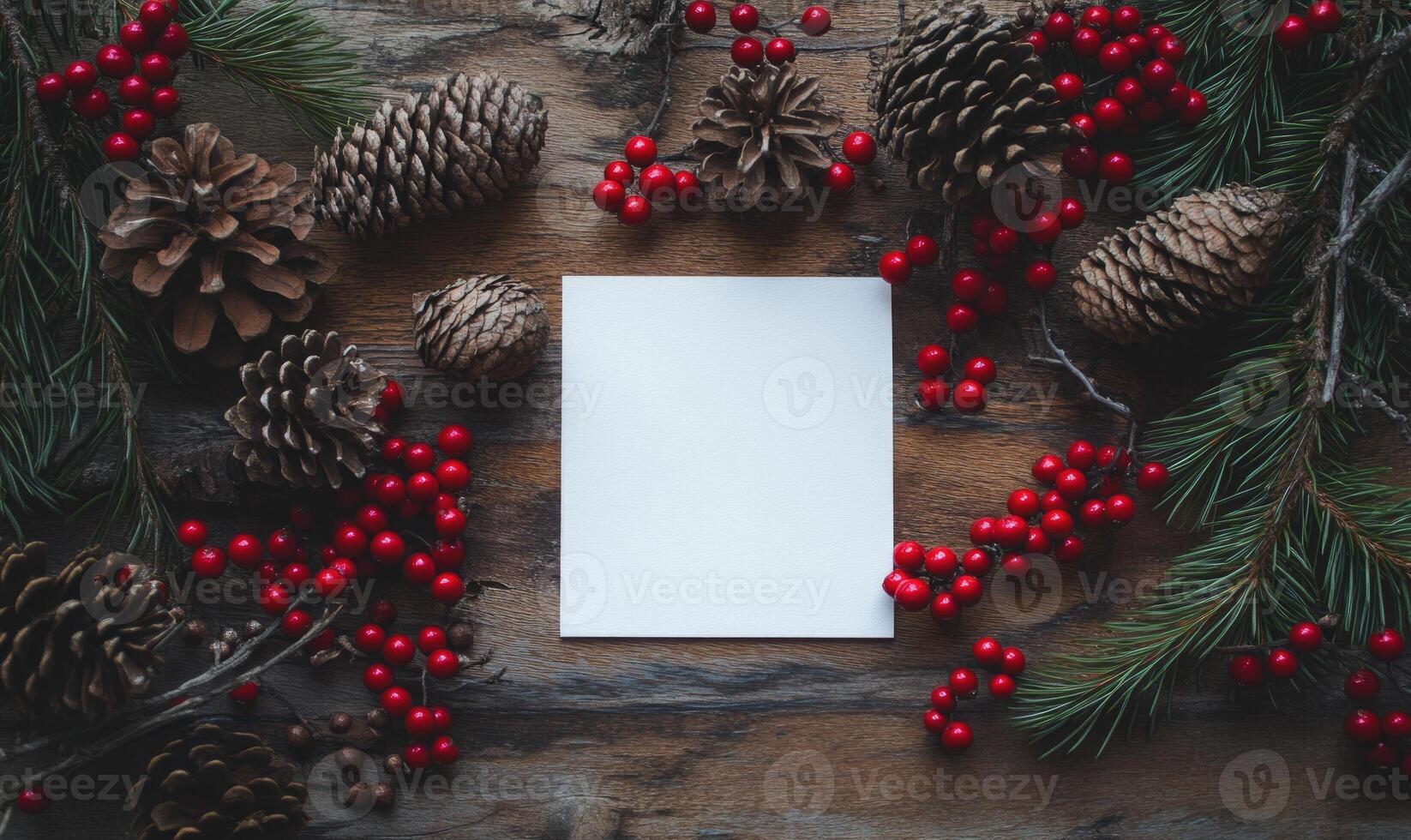 A white card with a red border sits on a table with red berries and pine cones photo