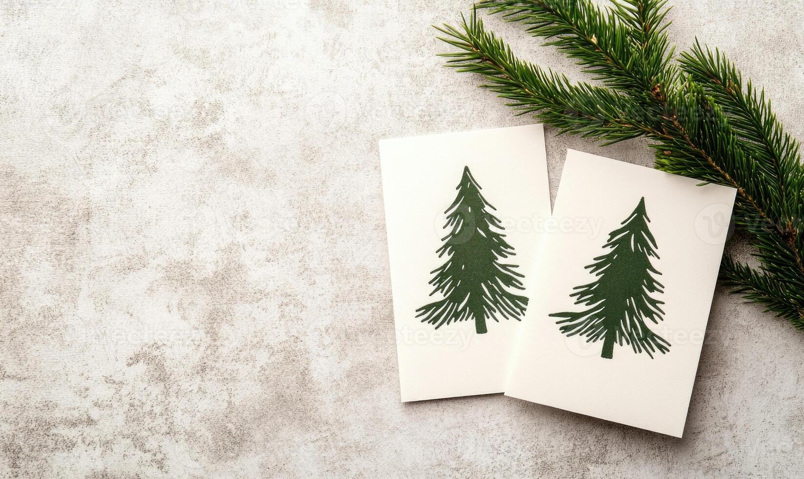 Two Christmas cards with trees on them are placed on a white background photo