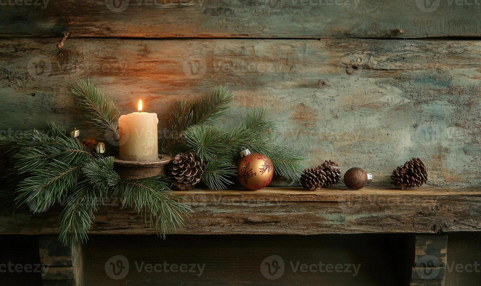 A candle is lit on a shelf with pine needles and a gold ornament photo