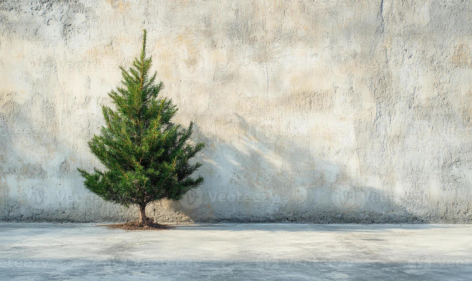 A small tree is standing in front of a wall photo