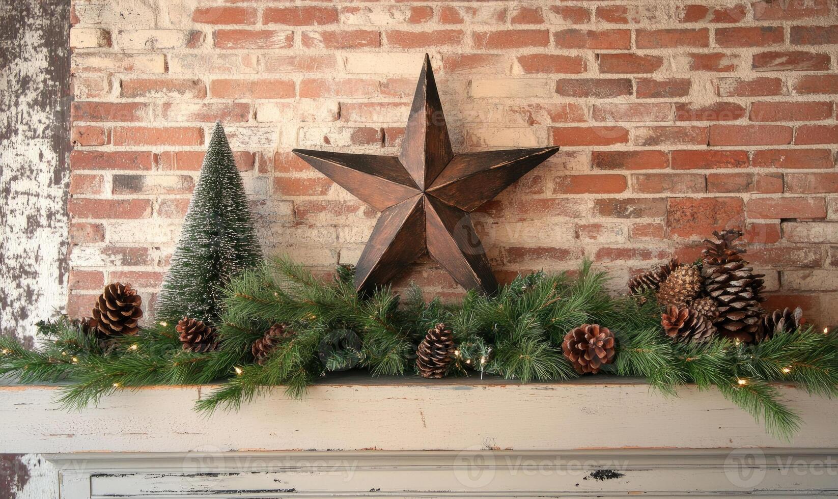 A star is on a mantle with pine cones and a tree photo