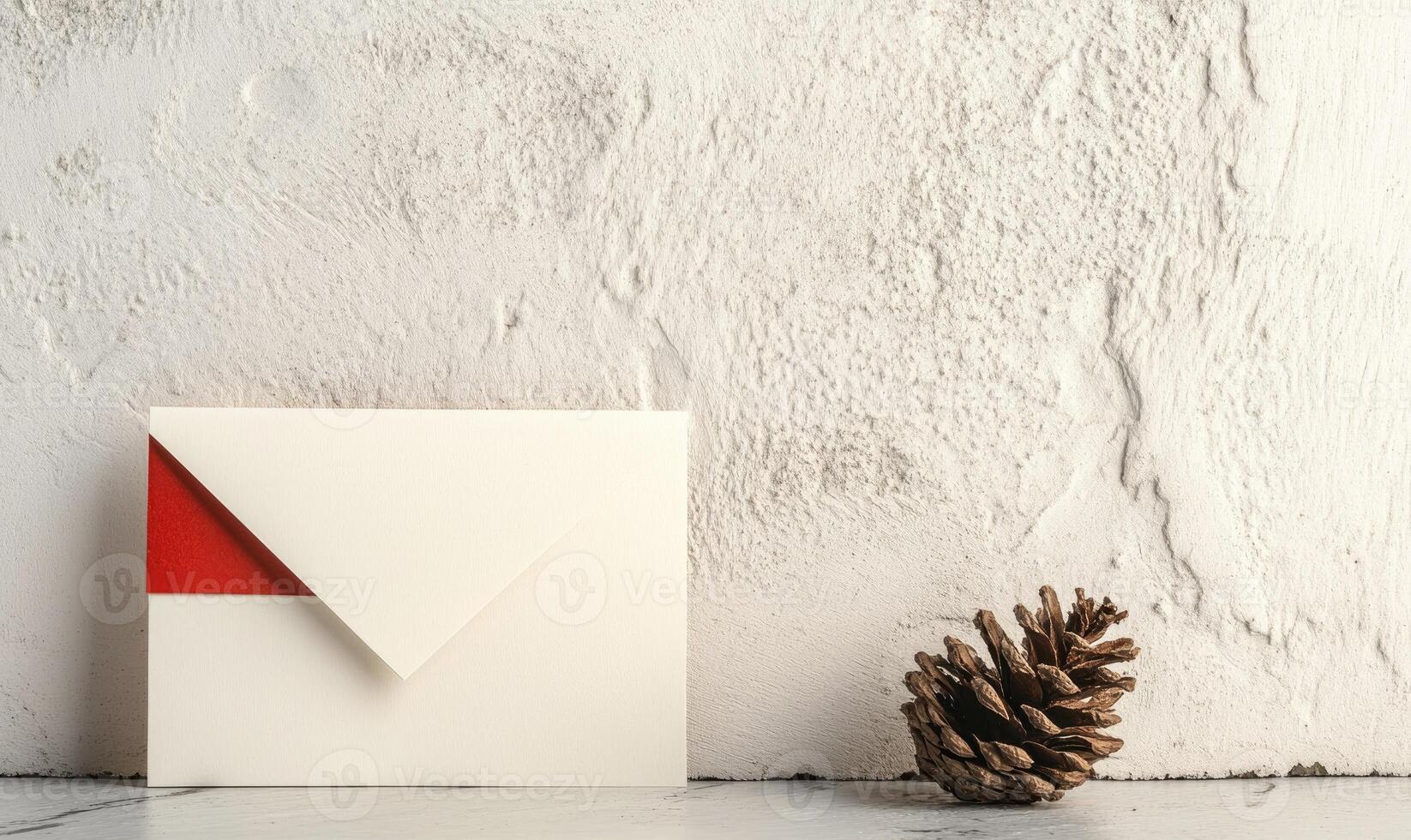 A white envelope with a red ribbon sits on a white wall photo