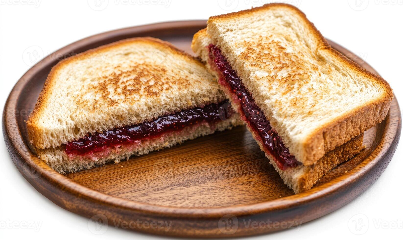 A sandwich with jelly on it is cut in half and sits on a wooden plate photo