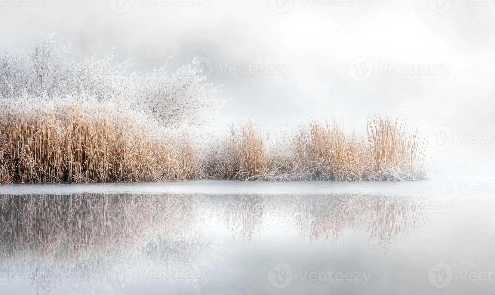 A snowy landscape with a body of water and a few trees photo