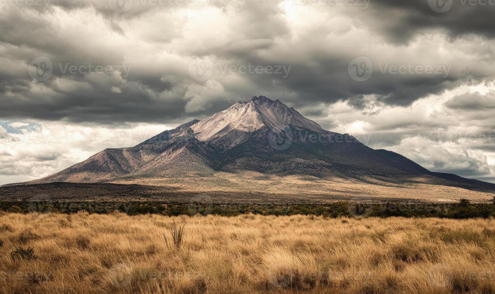 A mountain is in the background of a field with a cloudy sky photo