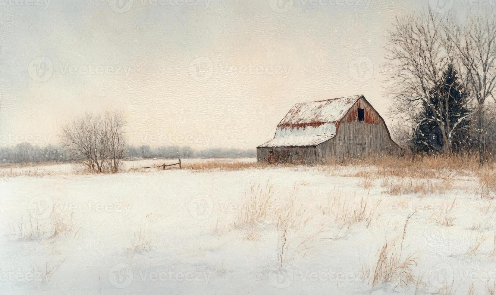 A small, old barn sits in a snowy field photo