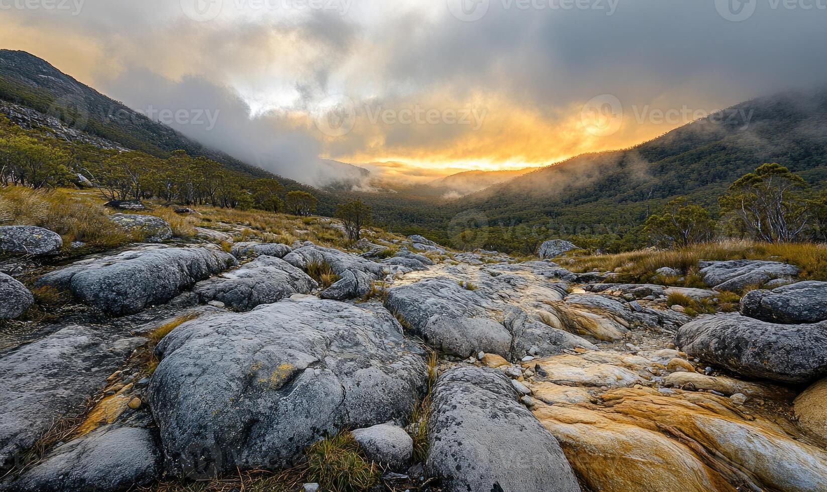 A rocky, mountainous landscape with a stream running through it photo