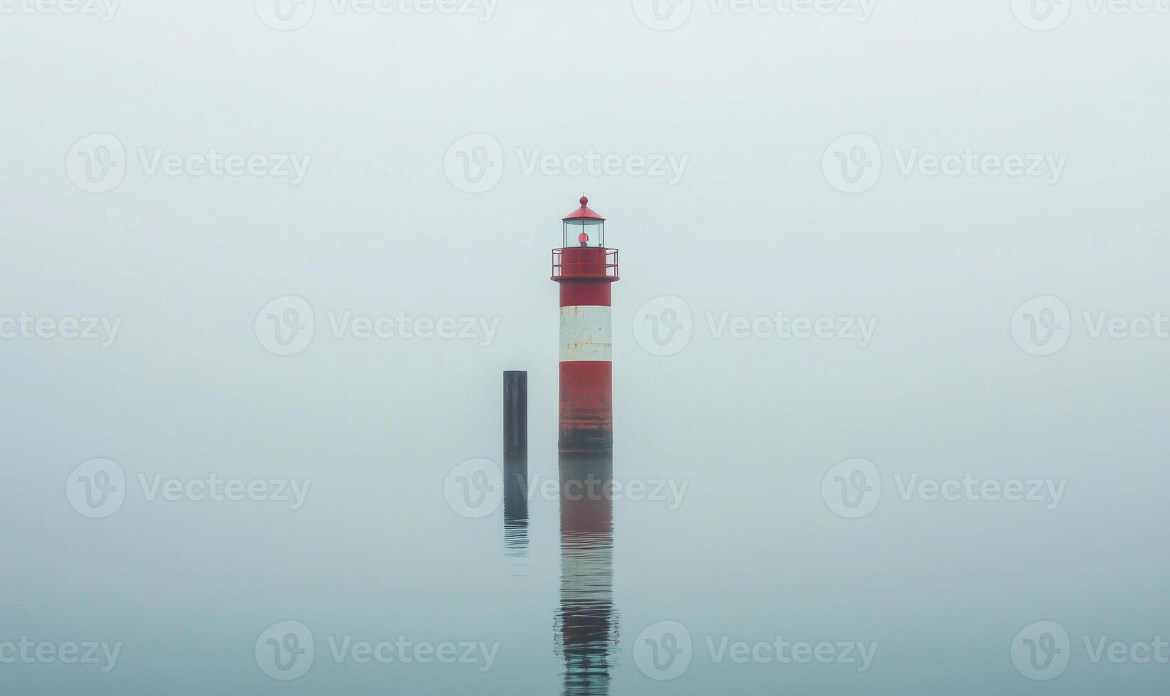 A lighthouse is standing in the water with fog in the background photo