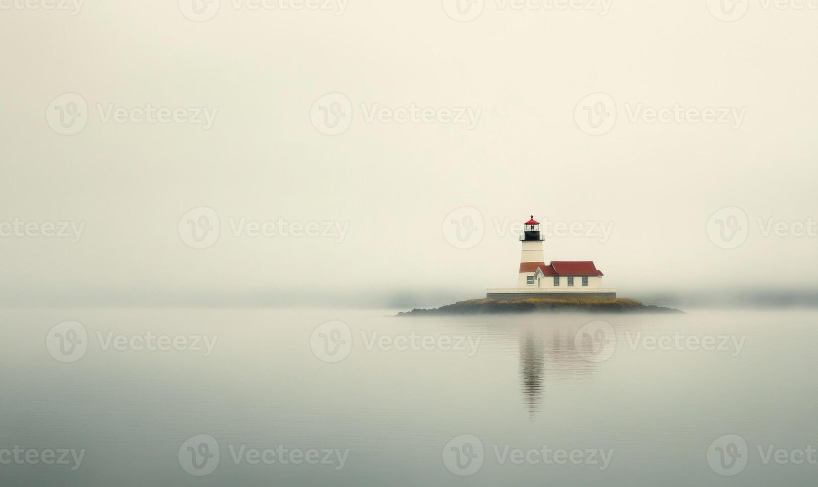 A lighthouse sits on a rocky island in the middle of a foggy sea photo