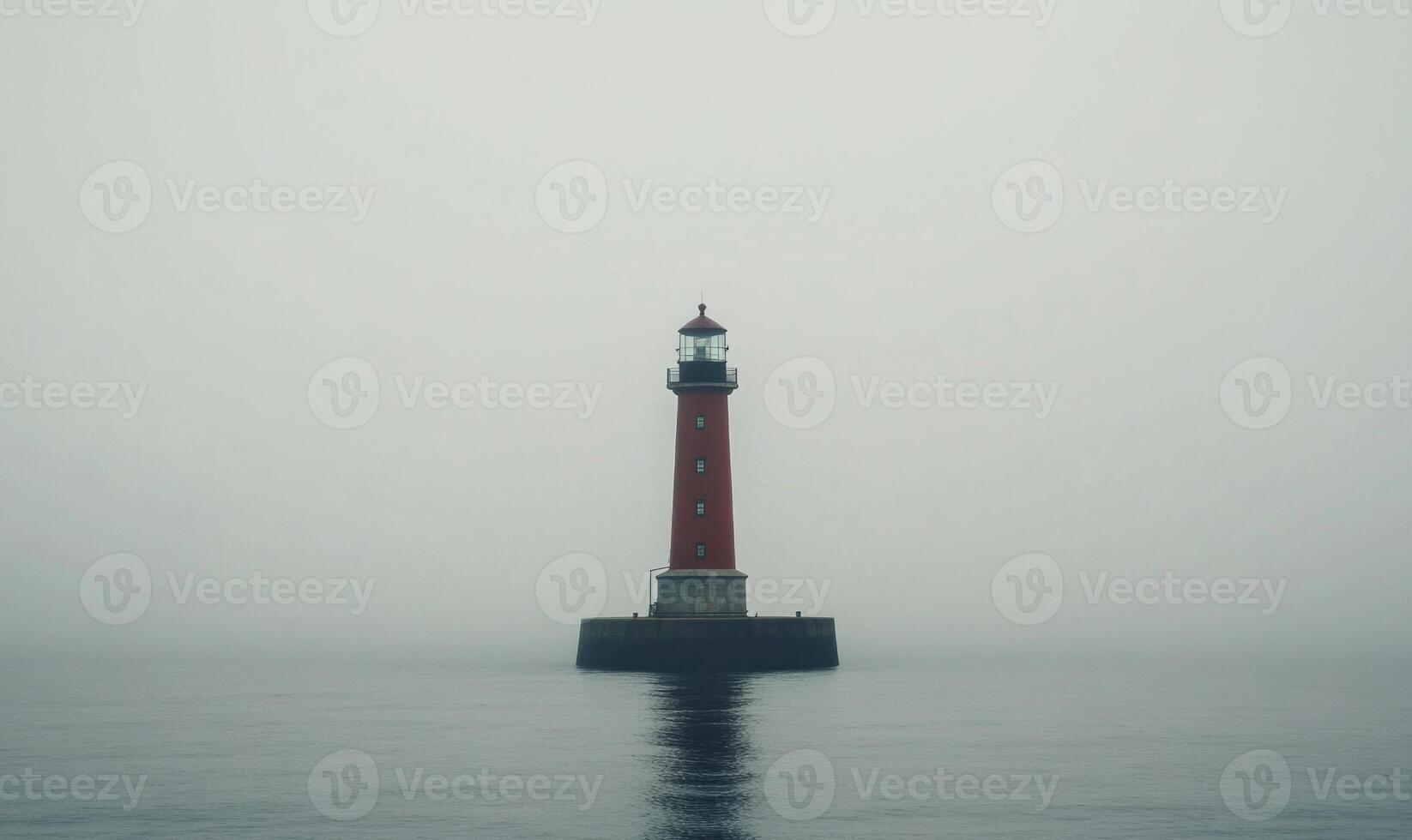 A lighthouse is standing on a rocky island in the middle of the ocean photo