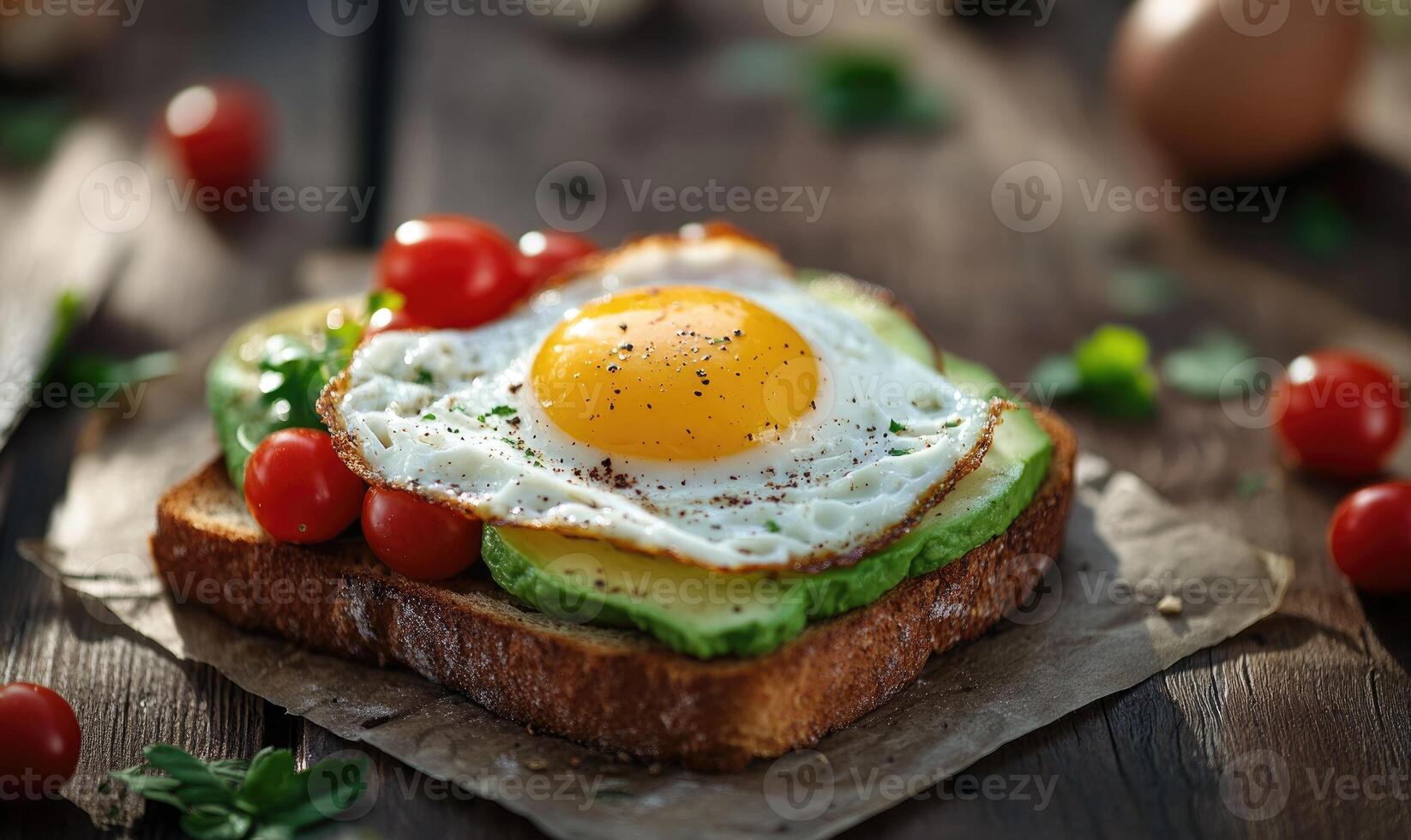 A toasted egg with a slice of tomato on top of a piece of bread photo