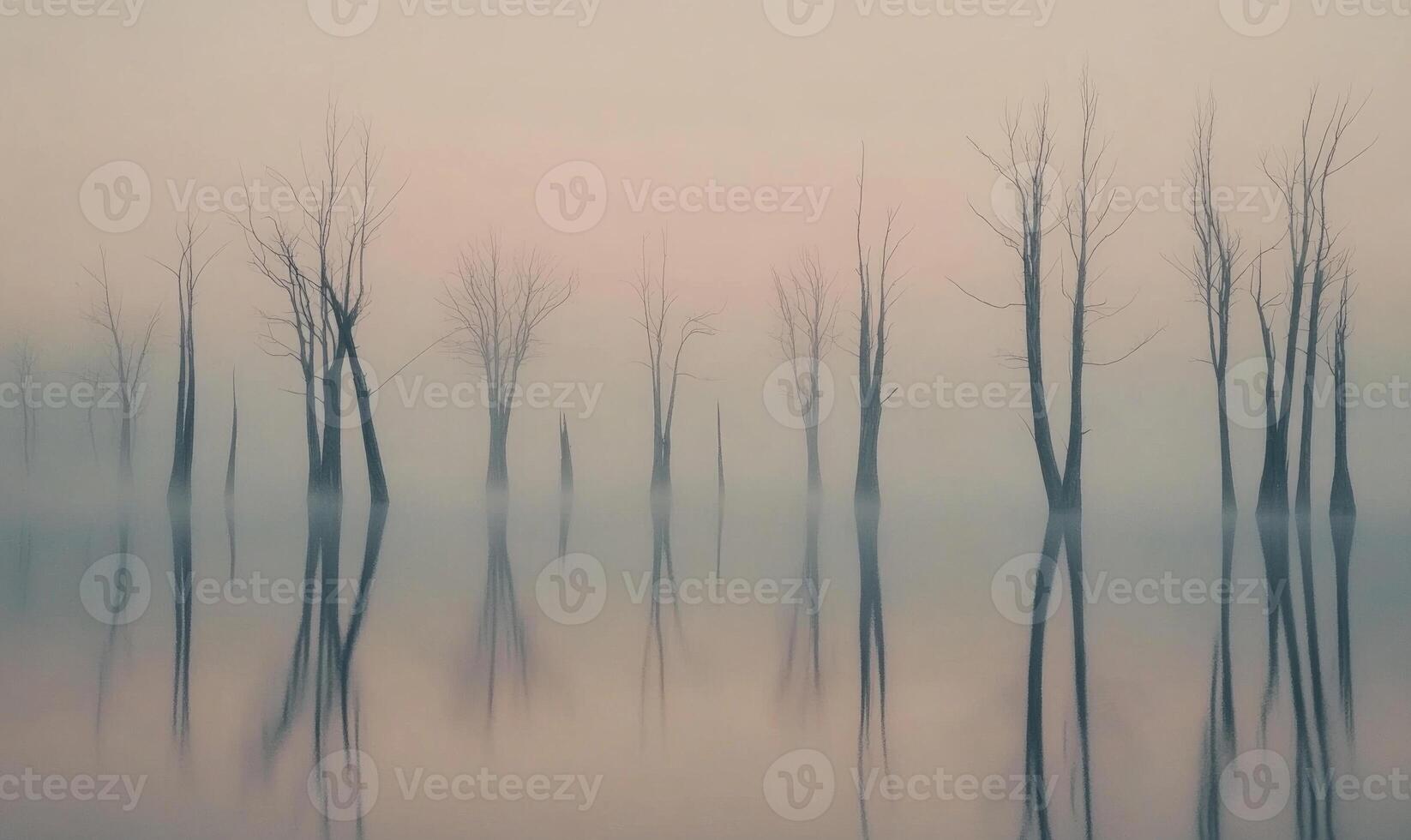 A foggy forest with trees reflected in the water photo
