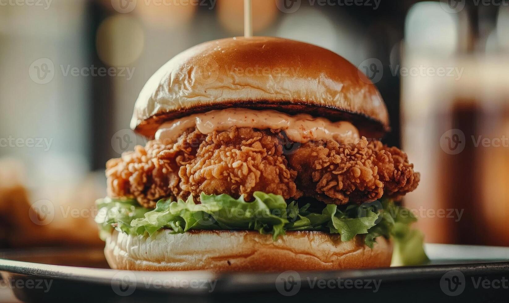 A large burger with a bun and a side of lettuce photo