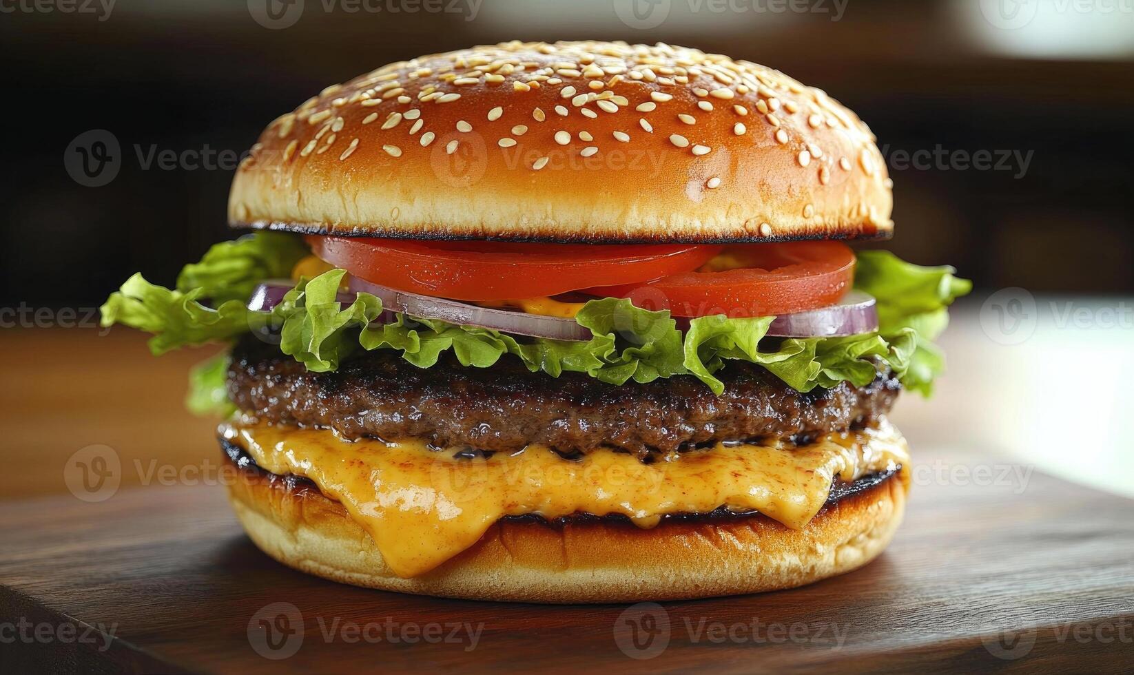 A large hamburger with lettuce, tomato, and onions on a wooden table photo