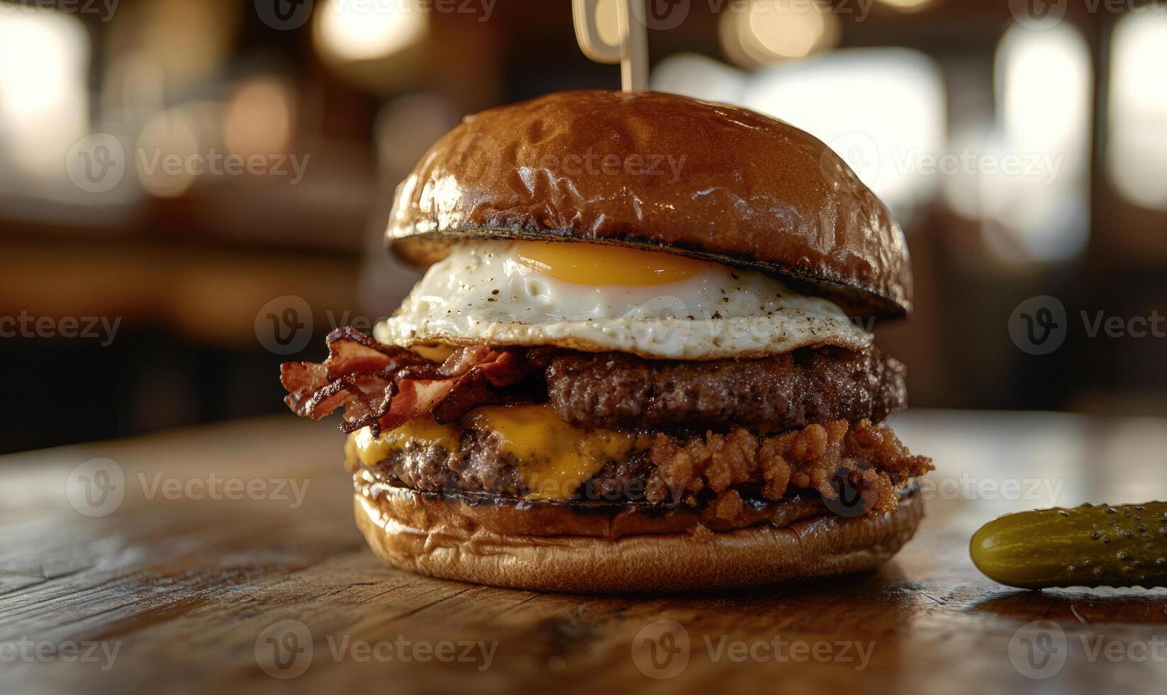 A large burger with bacon, cheese, and egg on top photo