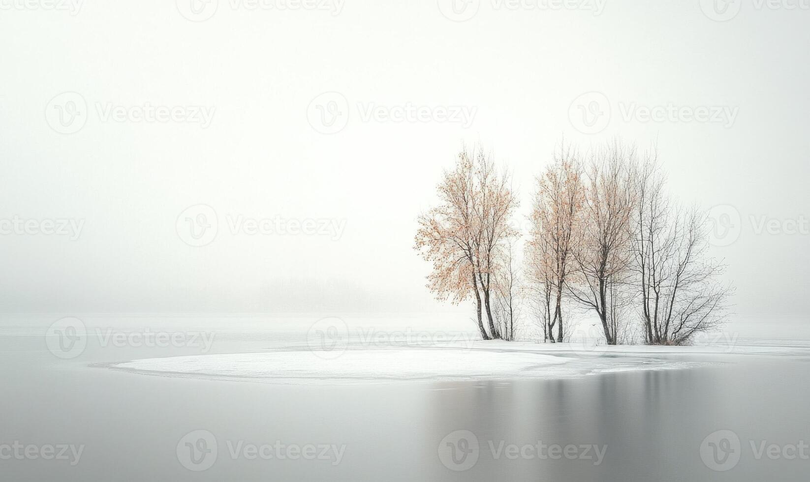 A serene winter scene with a small island in the middle of a lake photo