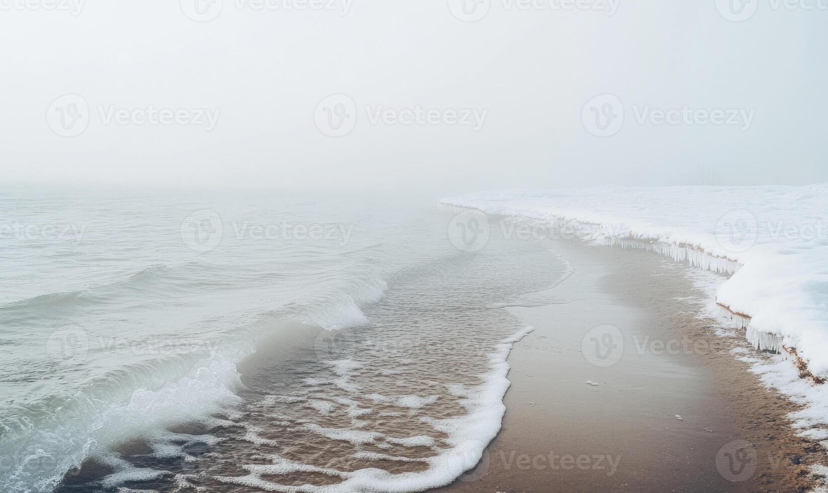 A foggy, misty day at the beach with a cold ocean photo