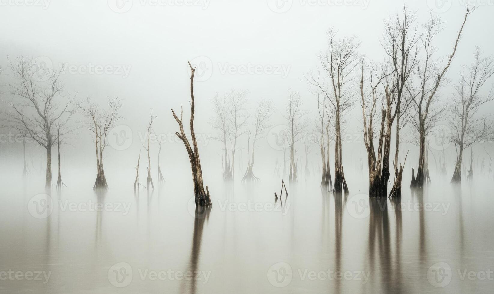 A foggy forest with trees that are dead and have no leaves photo