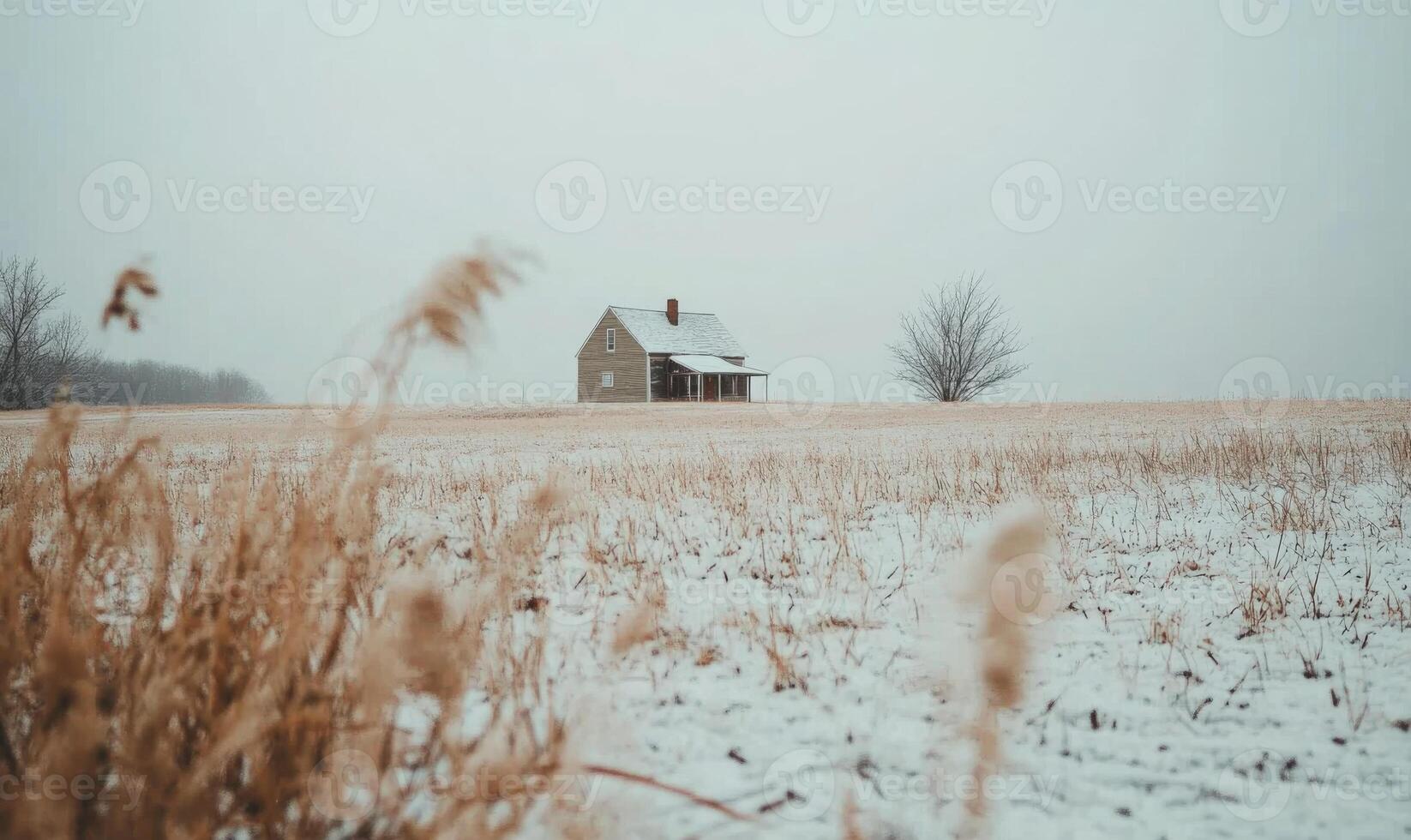 A small house is in the middle of a field covered in snow photo