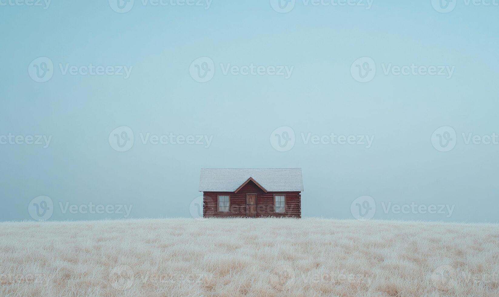 A small, red house sits on a snowy field photo
