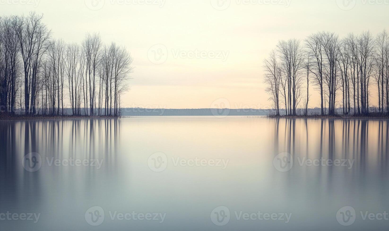 A calm lake with trees on either side photo