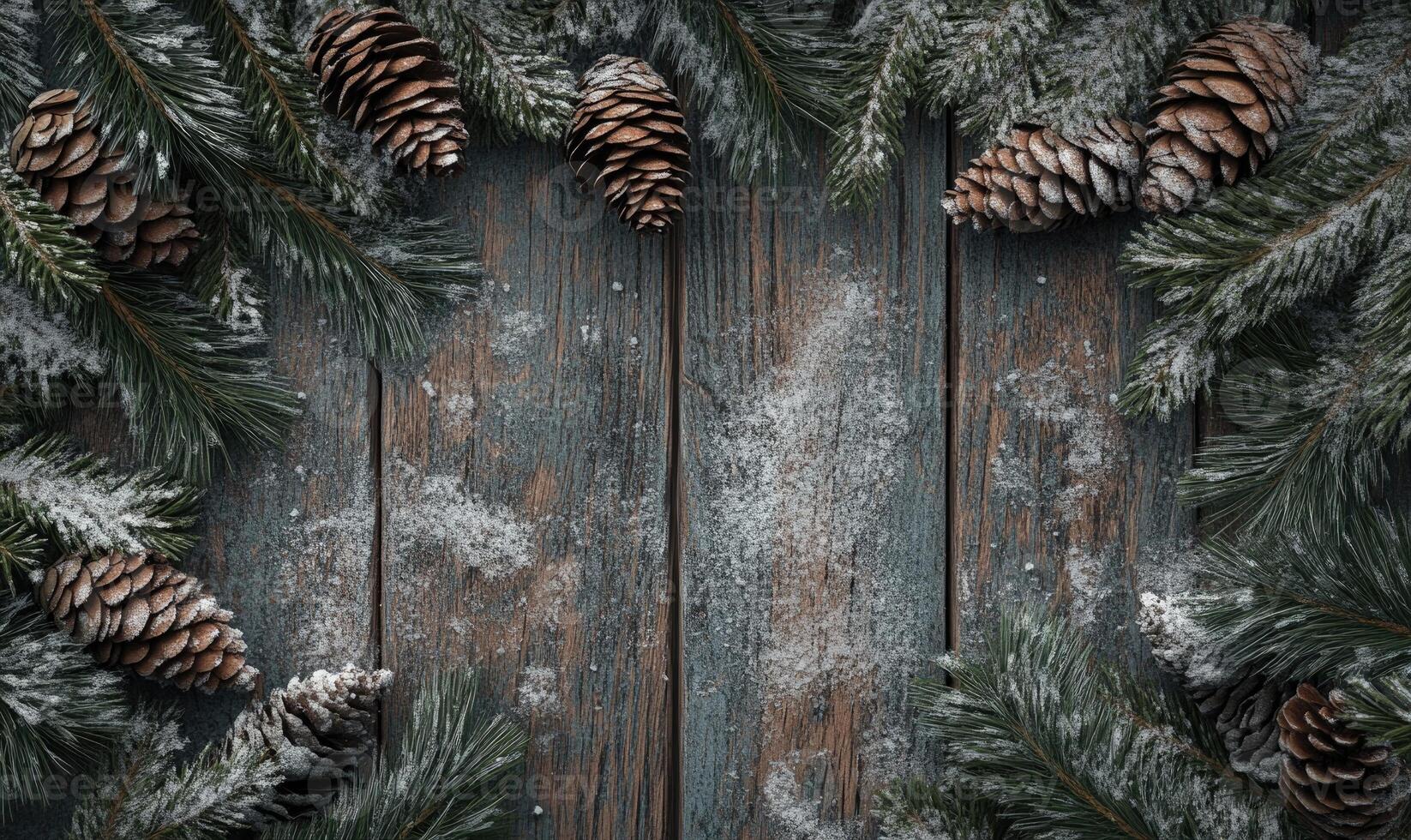 A wooden frame with pine cones and snow on it photo