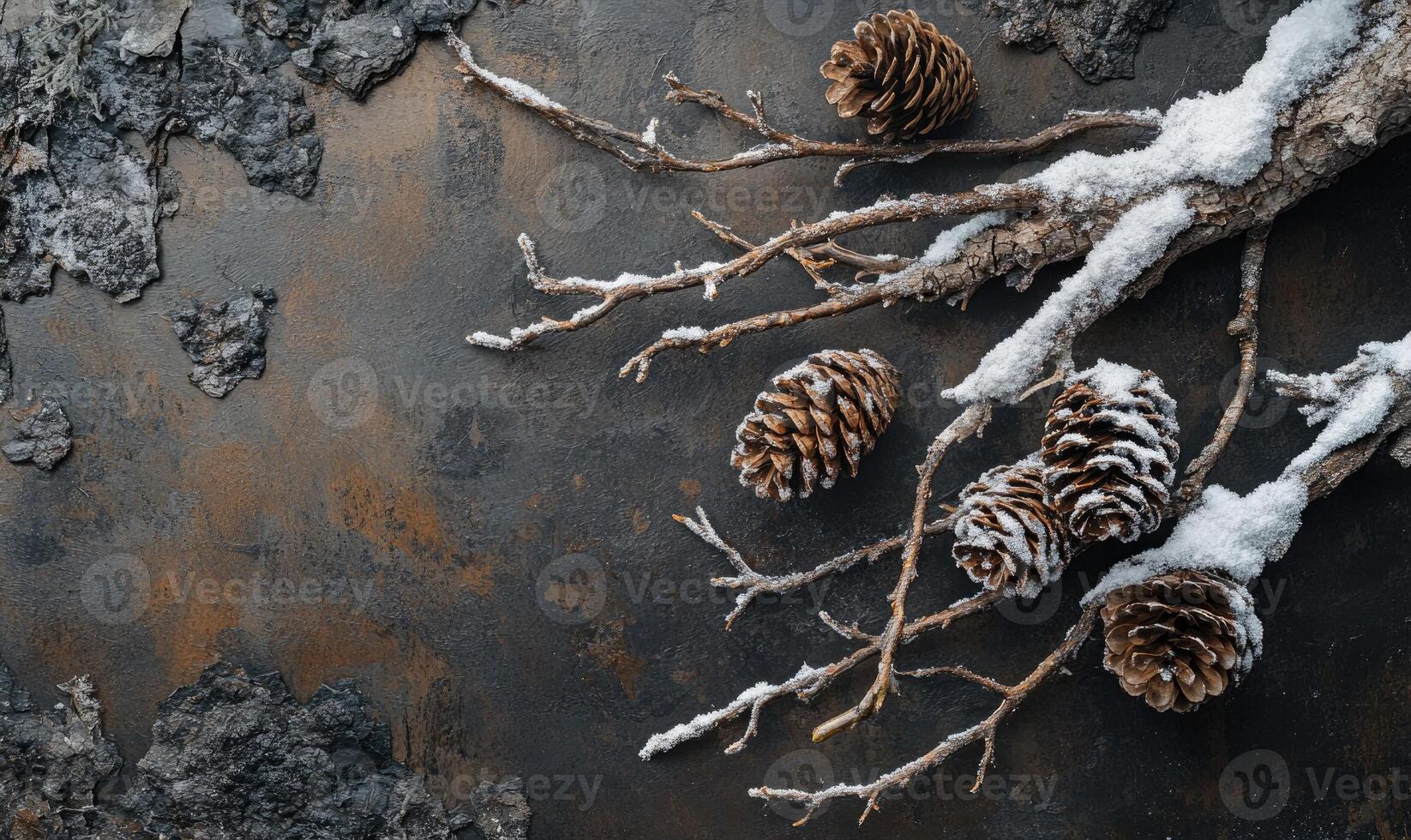 A branch with pine cones on it is covered in snow photo