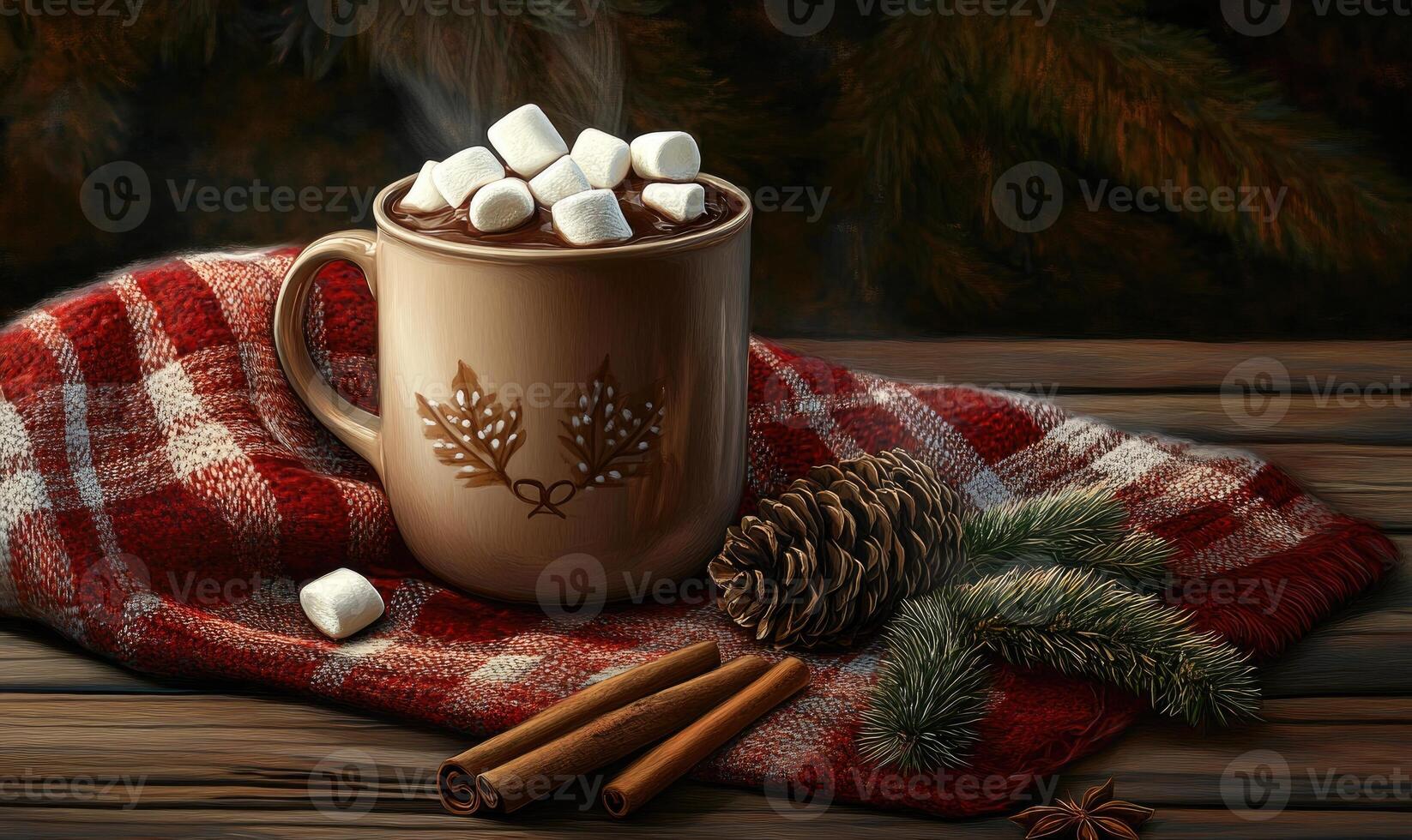 A mug of hot chocolate with marshmallows on a red and white plaid cloth photo