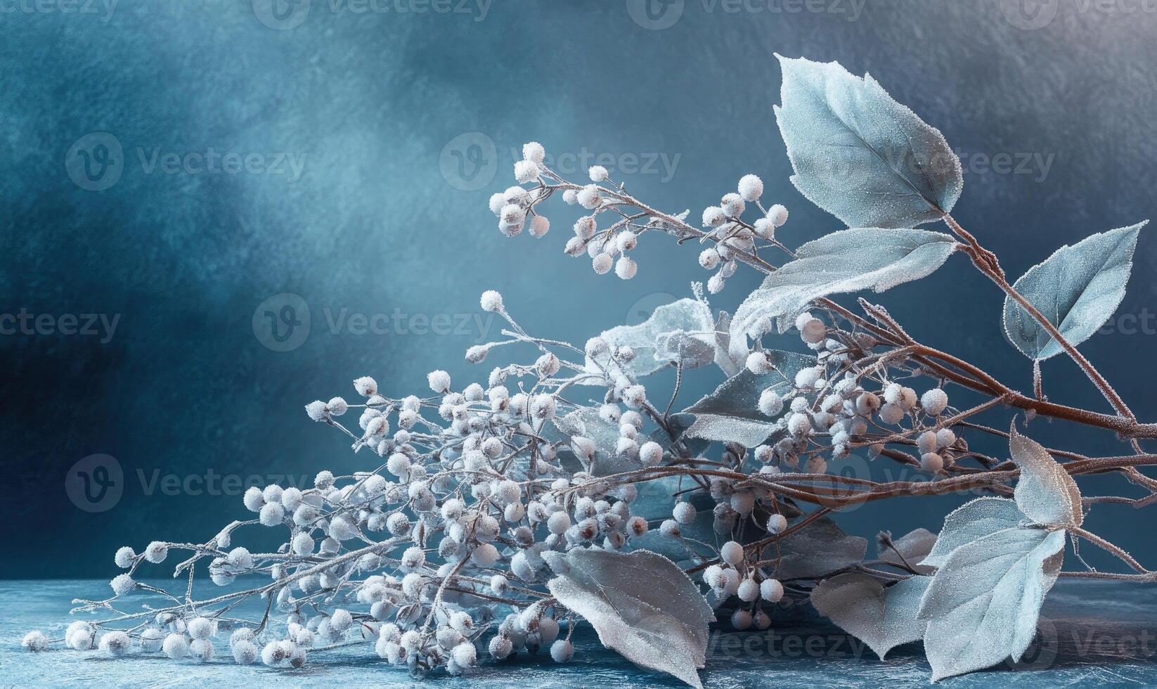 A bunch of white flowers with frost on them are on a table photo