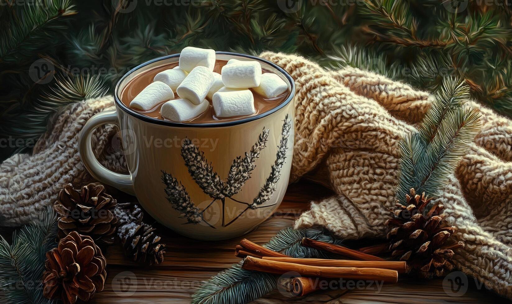 A mug of hot chocolate with marshmallows and cinnamon sticks on a table photo