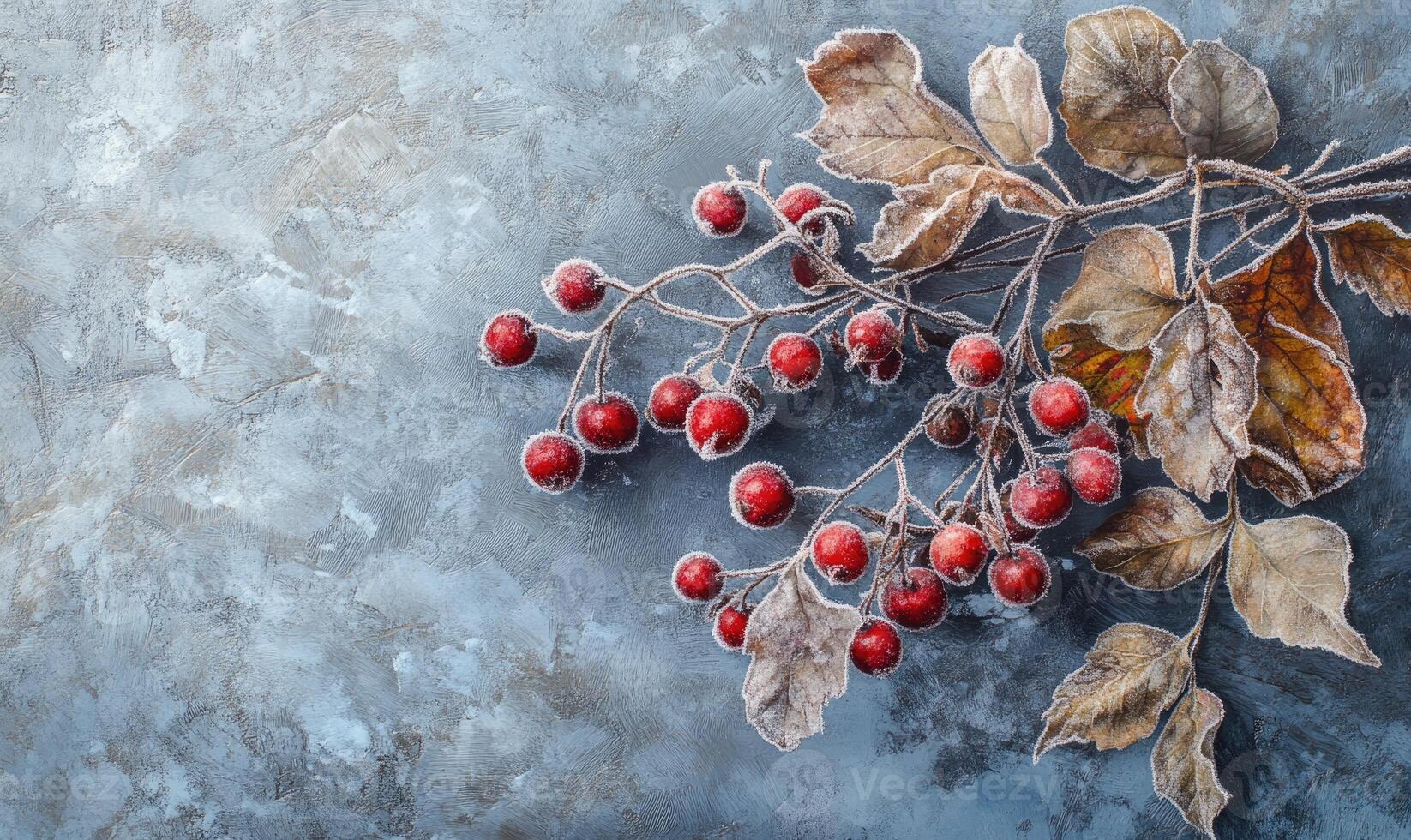 A branch of red berries with frost on them photo